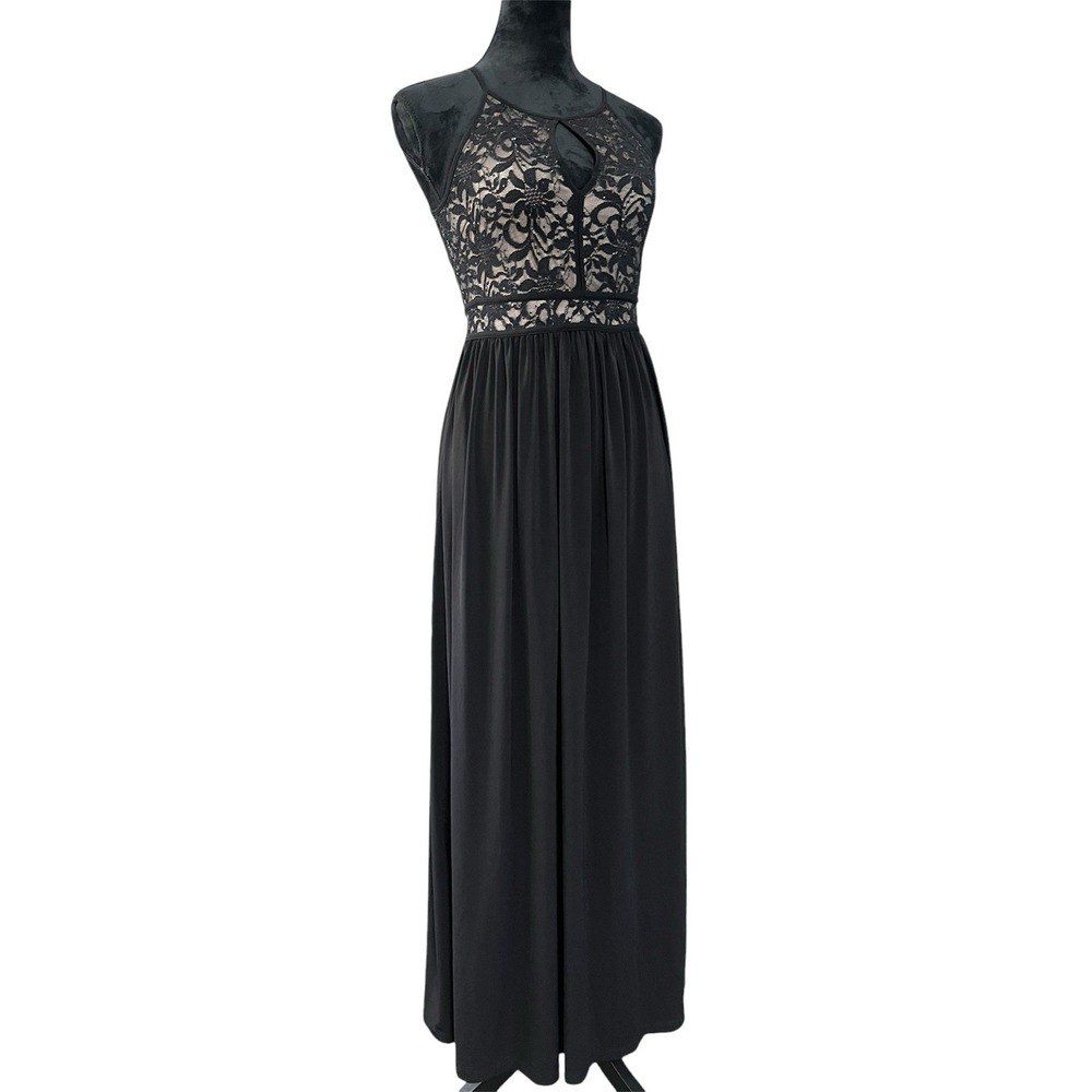 Vtg Y2K Candalite Formal Maxi Dress Sz S‎ Black Mesh Lace Bodice Sequins Prom